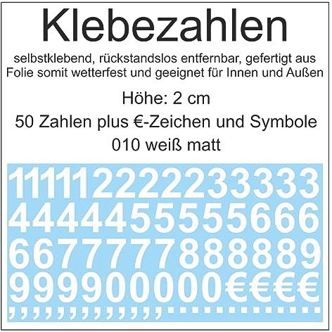 Aufkleber Sticker Klebezahlen Klebezahl Zahlen Zahl Nummern aus Folie 50 Zahlen weiß matt Höhe 2 cm selbstklebend wetterfest Nummerierung Preisauszeichnung Beschriftung Modellbau verzieren