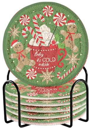 Getränkeuntersetzer Weihnachten Tasse Lebkuchen Zuckerstange Untersetzer Set von 6 mit Halter Runde saugfähige Tassenmatten für Bar Kaffee Tischplatte Schutz