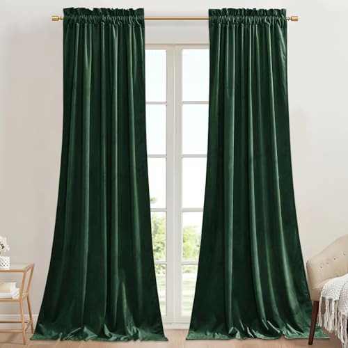 StangH Green Velvet Blackout Curtains Luxury Thick Noise Reducing Privacy Room Dividers Thermal Insulated for Dining Living Room Bedroom, Dark Green, W62 x L96, 2 Panels