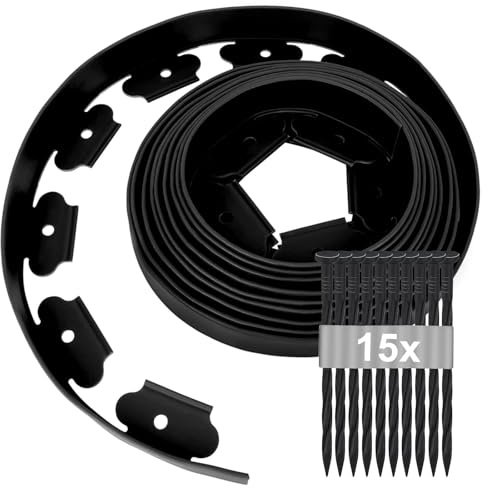 Borduras para Jardino Flexible de Plástico 5m × 5cm, Bordes para Jardin con 15 Clavijas, Separadores de Jardin para Cesped, Borde Jardin Exterior para Tierra, Bordura Jardin Césped Borde (Negro)