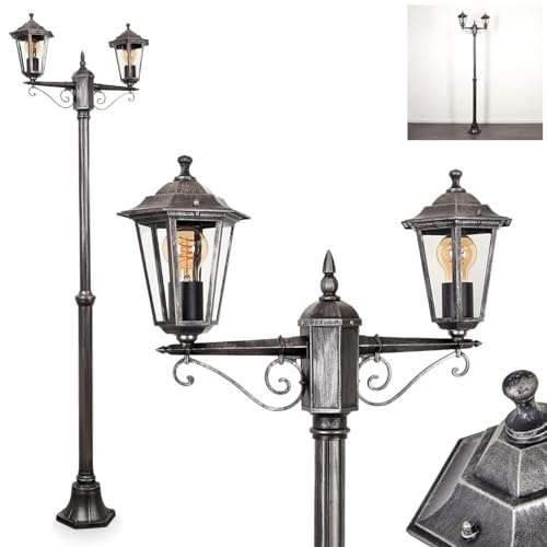 HOFSTEIN Kandelaber Loria, Außenwegeleuchte aus Metall/Glas in Schwarz-Silber/Klar, Wegeleuchte im Landhaus/Antik/Retro/Vintage-Design für Garten, Außenbereich, Terrasse, Hof, max. 200 cm, 2xE27, IP44