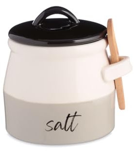 Keika Collective Handcrafted Salt Cellar with lid & spoon. Versatile Farmhouse designed Salt container with a stylish flare. Makes a great gift.