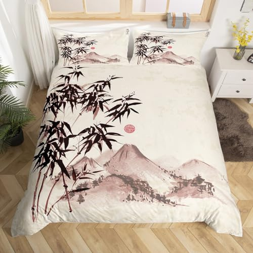 Homewish Exotic Oriental Comforter Cover Japanese-Style Bed Set, Mount Fuji Duvet Cover Ink Painting Bedding Set Double, Botanical Plants Bamboo Bedspread Cover Vintage Room Decor 3pcs