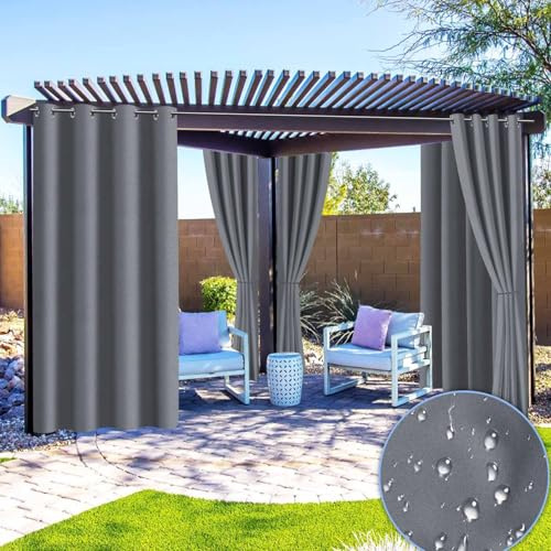 Fiqops Garden Outdoor Vorhang Wetterfest, Outdoorvorhänge mit Ösen(1.6 inch), Vorhang Sichtschutz Sonnenschutz für Terrasse, Balkon, Pavillon, Vorhang 213x132CM (HöhexBreite) Grau,1 Stück