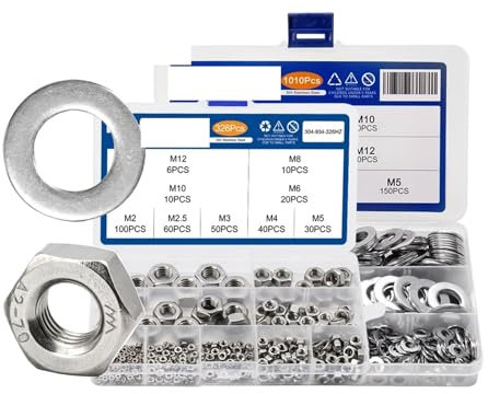 HEXHUASR 326 Stück/Set M2-M12 Sechskantmuttern-Sortiment aus Edelstahl, 1010 Stück Unterlegscheiben-Set DIN934 und DIN125