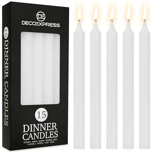 DECO EXPRESS Stabkerzen Kerzen Set 15er Pack Handgemachte Rustik Kerzen Geruchslos Lange Brenndauer bis zu 9 Stunden Tropffreie Tafelkerzen (Weiß - 15 Pack)
