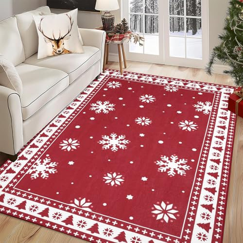 Enyhom Christmas Red Area Rug Non-shedding 122x182cm Snowflake Living Room Carpet Rugs Non Slip Short Pile Floor Mat Machine Washable Shaggy Soft Bedroom Area Carpet Rug for Home Decor