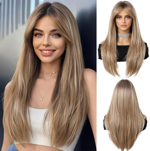 OUFEI Ombre Blonde peruker för kvinnor med lugg Lång rak peruk i lager med mörka rötter för vardagsbruk, fest och cosplay