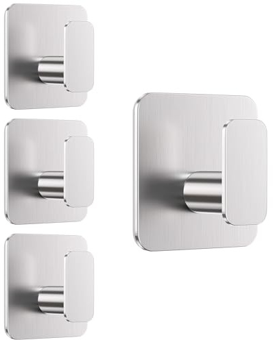Aikzik Silver Hooks for Hanging Heavy Duty, Adhesive Hooks for Shower, Bathroom, Kitchen, Robe, Towel, Coat, Waterproof & Rustproof Hook for Walls No Damage, Sticky Wall Towel Hooks - 4 Pack