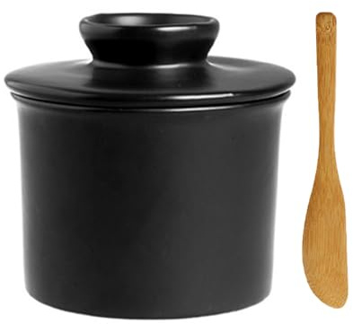 Pasdrucn 11.5x11.5x10.5cm Beurrier à Eau Avec Un Couteau à Beurre En Bambou, Pot A Beurre Français, Beurrier Porcelaine, Beurre Pot En Porcelaine, Boite Beurre, Mesa Beurrier Ceramique (Noir)