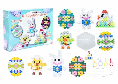 Max XL 10 mm strykpärlor set påsk, maxi pennplatta, färgglada strykpärlor, pappersmallar, strykpapper (maxi påsk) stora 10 mm XL pärlor för barn från 3 år. Happy Price Toys