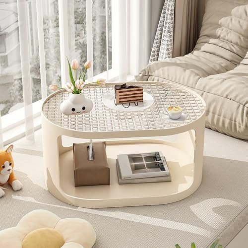 BAYTEWJX Wohnzimmertisch Klein,Kleiner Couchtisch mit Glasplatte & Ablage,Oval Couchtische,Kaffeetisch,mit Stauraum,Keine Montage Erforderlich,für Wohnzimmer Schlafzimmer Balkon.