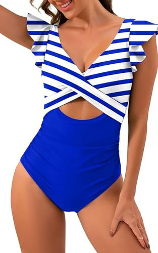 VILOREE Dambadmode baddräkt i ett stycke monokini rynkad mage väg slimhet med volanger v-ringad, Blå ränder (134), XXL