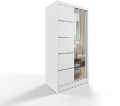 Easy4You 100 cm Moderner Schiebetürenschrank 2 Türen Weiß Kleiderschrank D3 Kleiderschrank mit Spiegel für Schlafzimmermöbel Set mit Kleiderstange Aufbewahrung