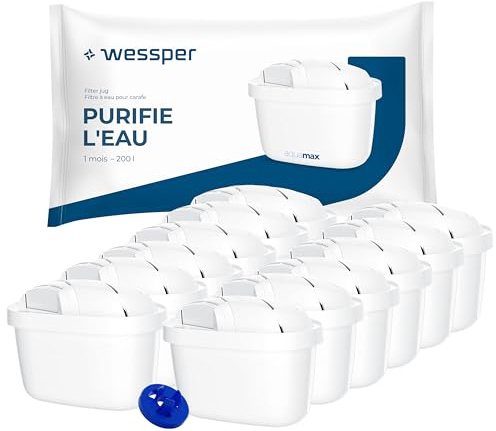 Wessper Cartouche filtre, supplémentaire PIN pour Carafe Brita -12 pièces | cartouche filtre charbon actif pour carafe filtrante, compatible avec Dafi, Aquaphor, BWT, brita carafe filtrante