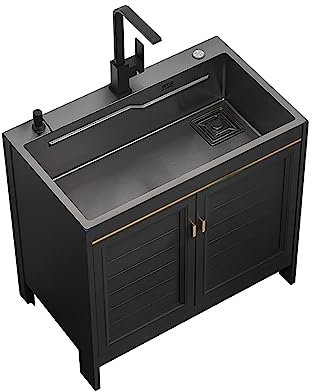 DECAKE Combinazione di lavello e mobiletto da Cucina Nero, lavello di Servizio, lavello da Lavanderia, mobiletto Combinato, lavello Indipendente in Acciaio Inox con Rubinetto per Acqua ca