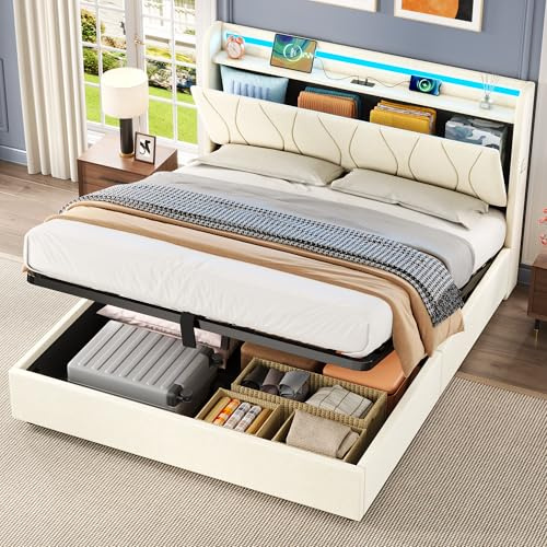 Merax 4ft6 Double Bed Frame with Storage Shelf & LED lights, Double Ottoman Bed with Charging Station and USB Ports, Heavy Duty Bed 135x190cm, Linen, Beige (No Mattress)
