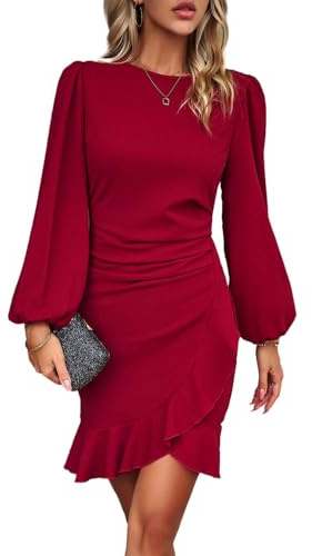 VHUQGVU Damen Vintage Aushöhlen Rundhals Abgefackelt Plissee Cocktailkleid Puffärmel Einfarbige Abendkleider,Rot,S