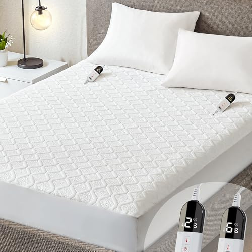 Heated Mattress Pad Queen Size with Dual Control, Electric Mattress Cover with 6 Heat Settings for Each Side, 1-10 Hour Independent Timer, 17 Deep Pocket, Washable