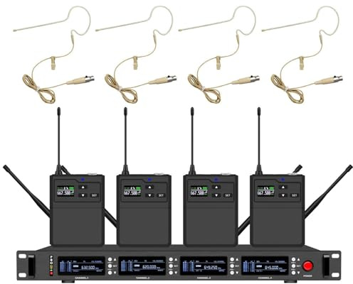 True Diversity UHF 4 Channels Wireless Earset Headset Microphone for Stage Performance Condenser Headset Mic 4 X100 Channel, Long Range 490ft, Auto Scan, Frequency Adjustable and Locking