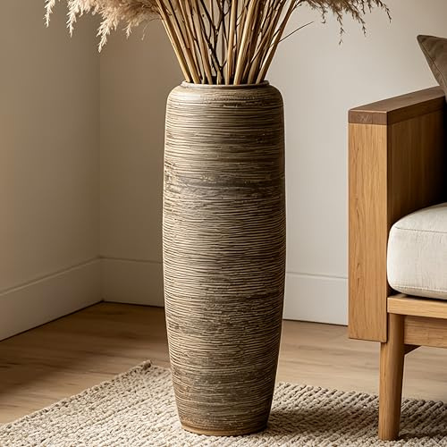 JIDOFUE Braun Boho Bodenvase aus Keramik, 60 cm, Rustikale Vintage Vase für Wohnzimmer Dekoration, Pampasgras oder Trockenblumen, Perfekt für Regale und Tische