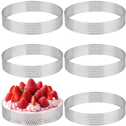 Teokantz 6 Piezas Ø 10 cm Moldes Perforados Tartaletas, Aros para Tartas en Acero Inoxidable 430, Moldes para Tartas Pasteles Mini Tartas Mini Pizzas Muffins