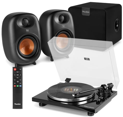 Audizio Toledo Hi-Fi Vinyl Record Player System with Wireless Bluetooth Speakers & Subwoofer – Premium Turntable with Audio Technica Cartridge, Preamp, Optical Input – Record Player Audio Package