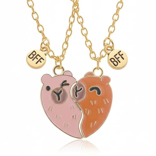 Aiailikill Capybara Freundschaftskette, 2er-Pack Halsketten mit niedlichem Capybara-Anhänger und Herzsymbol, BFF Necklace für Mädchen, verspieltes Accessoire als Geburtstagsgeschenk für Freundin
