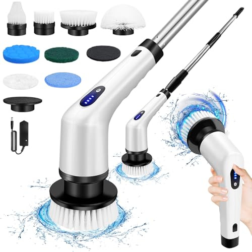 Electric Spin Scrubber, IPX7 Waterproof Bathroom Cleaning Brush, Long Handle & 2 Speed, Cordless Electric Cleaning Brush with 9 Replaceable Brush Heads for kitchens, bathrooms, sinks, floors, cars