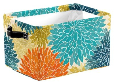 Chrysanthemums Large Collapsible Storage Baskets with Handles, Colorful Flower Fabric Storage Bin Organizer Box for Shelves, Toy Clothes Nursery Closet Living Room Decor