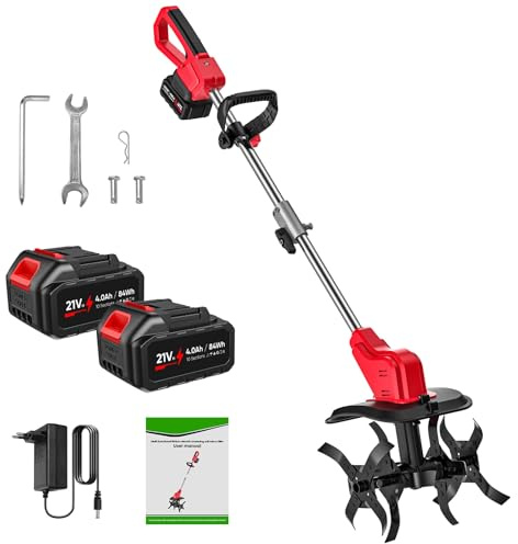 Gartenfräse Akku 21V, 550W Elektro-Bodenhacke mit 2X 4.0Ah Akkus & LED-Display, 30cm Arbeitsbreite, 22cm Arbeitstiefe, 4 Stahl-Messer Akku-Motorhacke für Bodenbearbeitung, Garten, Gemüsebeet