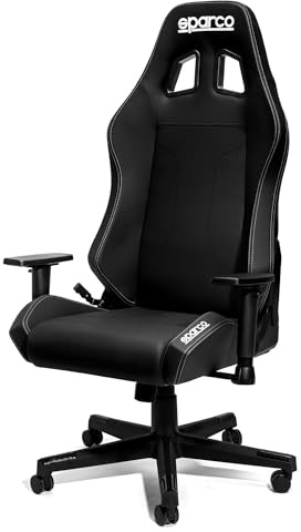 Sparco Sedia Ufficio Gaming Coach, Schienale Reclinabile 150°, Braccioli 2D, Supporto Lombare, Ecopelle, 60x60x100 cm (Fodera nera - Cuciture argento)