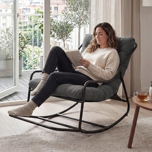 Villeston Übergroßer Schaukelstuhl, Max. 160 KG, Grey | Gemütlicher Papasan-Stuhl mit Dick Gepolstertem Rahmen, für Innen- und Außenbereich – Robuster Stahlrahmen