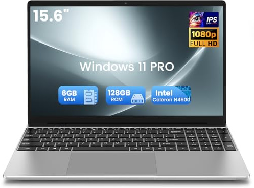 Kayoote 15,6 Ordenador Portátil FHD IPS con procesador Celeron N4500, 6GB RAM 128GB SSD, Win 11 Pro PC Portátil con Webcan, Laptop 2*USB3.0, HDMI, Wi-FI5, BT4.2, 4000mAh Battery