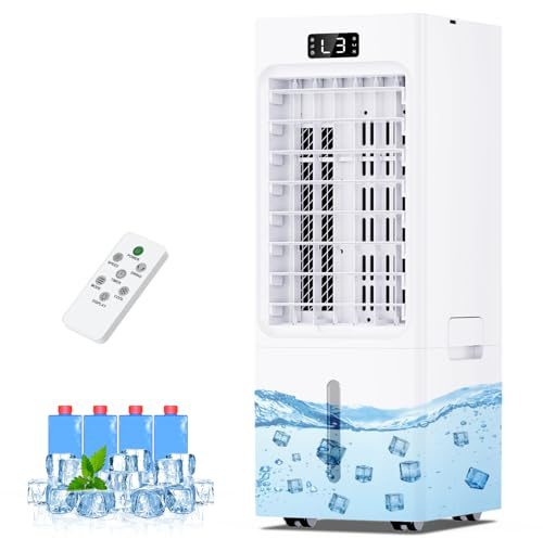 Air Cooler, 3 IN 1 Portable Air Conditioner, 3 Wind Speed, Portable Air Conditioning Unit with Cooling Mode, 6L Removable Water Tank with 4 Ice Packs, 12H Timer, 5m Remote, Auto Oscillation