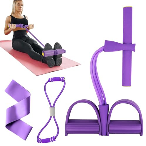 flintronic Bandas Elásticas de Resistencia al Pedel Multifunción con 4 Tubos de Látex Elásticos, Entrenador Abdominal con Mangos y Pedales Antideslizantes, para Abdominales, Fitness (Púrpura)