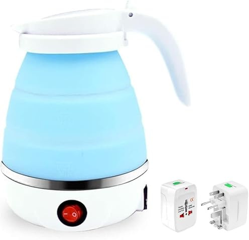 Mini hopfällbar vattenkokare, resevattenkokare, med dubbel spänning, 600 ml elektrisk silikonvattenkokare for varmt te botten i rostfritt stål, blå(Blue)