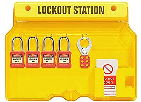 Spectrum IndustrialLockout Tagout Station With 4 Padlocks-1 Hasp-10 Tags, Supplied With Lockable Cover, Yellow, H406 x W315 x D65mm | Supplied with 4 x Padlocks-1 x Hasp-10 Tags, H406 x W315 x D65mm