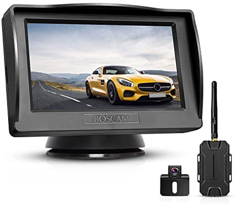 Rückfahrkamera und Monitor Set BOSCAM K1 Wireless Einparkhilfe mit 14.4 cm/4.3 Zoll LCD Farbdisplay Rear View Monitor und IP68 wasserdichte Kamera für Auto, Bus, Schulbus, Anhänger