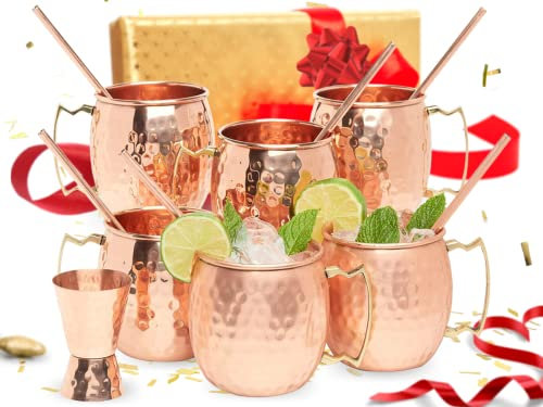 Kitchen Science Moscow Mule Copper Mugs Gift Set of 6 (16oz) – Pure Copper Hammered Barrel Style Cups w/Brass Handle, Food-Grade Lacquered Finish, Tarnish-Resistant, Includes Straws & Jigger