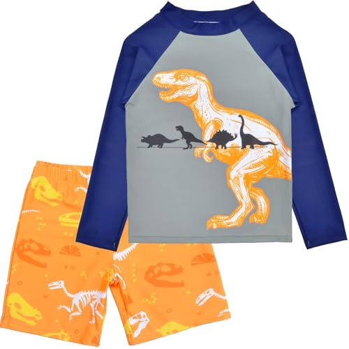 Sylfairy Boys Two Piece Rash Guard Swimsuits Kids Long Sleeve Sunsuit Swimwear Sets Bathing Suit (US, Age, 6 Years, 7 Years, Yellow Dinosaur)