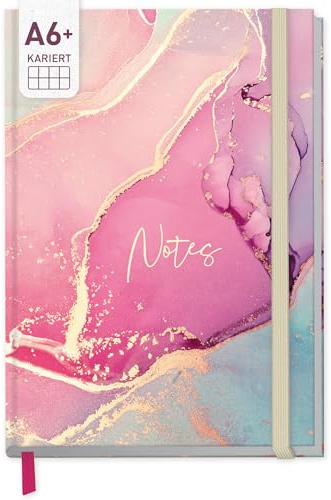 Häfft paper&you® Notizbuch kariert A6 + mit Gummiband Silky Pink | 156 nummerierte Seiten (78 Blatt), 90g/m²-Premium-Papier, Index - als Notizheft, Journal oder Tagebuch