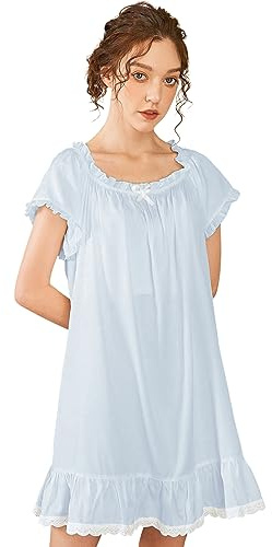 Nanxson Camisón Mujer Algodón Manga Corta Ropa de Dormir Verano Camisones Victoriano Pijamas Loungewear (S, Azul)
