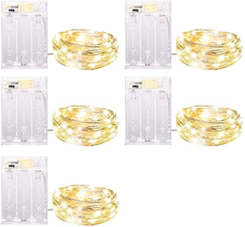 Minetom Fairy Lights Battery Operated, 5 Pack 7 FT 20 LED Fairy Lights with Timer, String Light Battery Powered, Silver Wire Christmas Light for Bedroom Party Wedding Decorations, Warm White