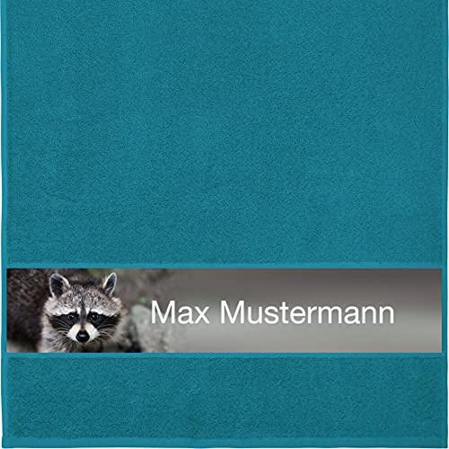 Manutextur Handtuch mit Namen - personalisiert - Motiv Waschbär - viele Farben & Motive - Dusch-Handtuch - Petrol - Größe 50x100 cm - persönliches Geschenk mit Wunsch-Motiv und Wunsch-Name