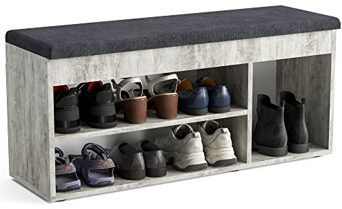 KOMTO Schuhbank mit Sitzfläche - Schuhregal Bank mit Stauraum Beton 100 x 48 x 32 cm Schuhschrank mit Sitzbank Flur Bank Garderobenbank Sofia