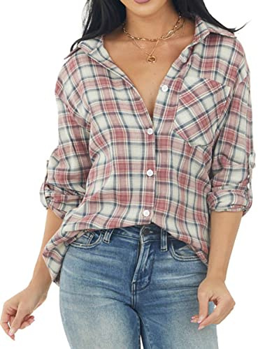 NUOREEL Womens Plaid Shirts Button Down Flannel Shirts Boyfriend Long Sleeve Shirts (Medium, Berry and Pine)