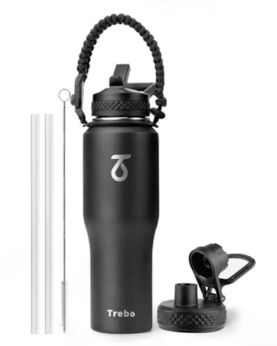 Trebo 32 oz Water Bottle Insulated Fit in Any Car Cup Holder,Triple Wall Vacuum Stainless Steel Water Bottles (Keep Cold for 48 Hrs),Leakproof Tumbler Flask with Paracord Handle,Straw Spout Lids