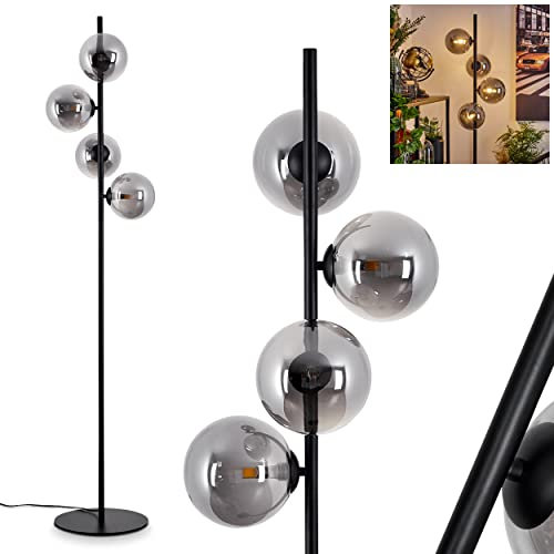 Lampadaire Remaisnil, lampadaire moderne en métal/verre noir/fumé, lampe de sol moderne au design rétro/vintage avec interrupteur à pied sur le câble, 4 flammes, 4 x G9, ampoule(s) non incluse(s)