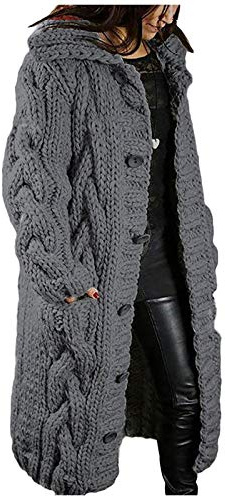 Strickmantel Damen Lang-Strickjacke Lang GroßE GrößEn Grobstrick-Longstrickjacke Mit Kapuze KnöPfe Strickcardigan-Grobstrickjacke Elegant Cardigan Zopfmuster-Strickjacken Strickpullover Jacke